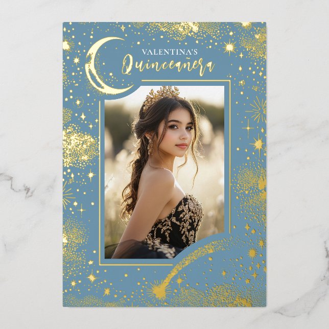 Celestial Gold Stars Moon Night Quinceanera Photo (Front)