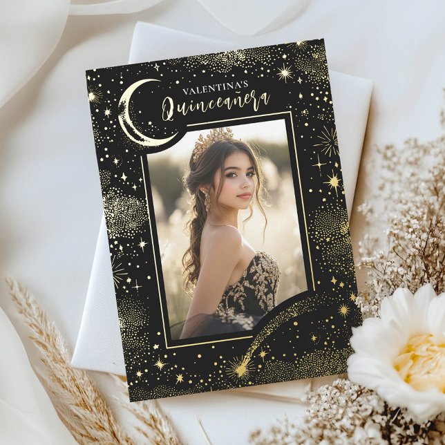 Celestial Gold Stars Moon Night Quinceanera Photo (Quinceanera Black Moon and Stars 15th Birthday Invitation with Photo)
