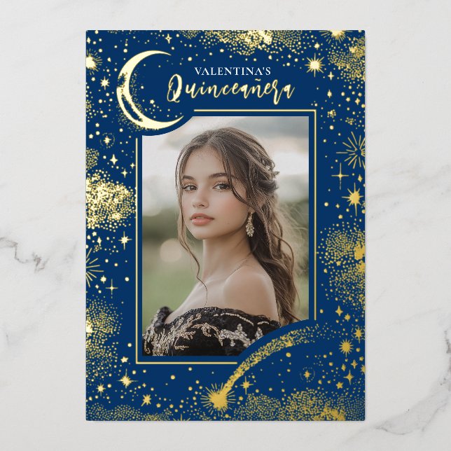 Celestial Gold Stars Moon Night Quinceanera Photo (Front)