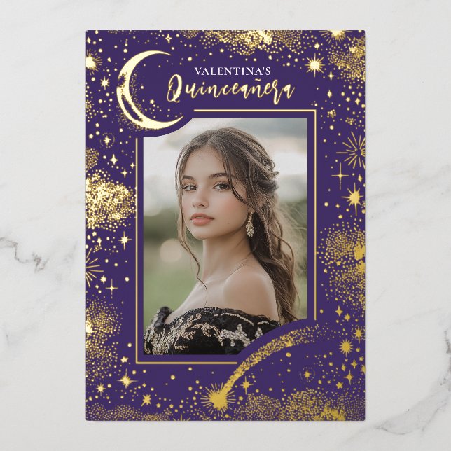Celestial Gold Stars Moon Night Quinceanera Photo (Front)