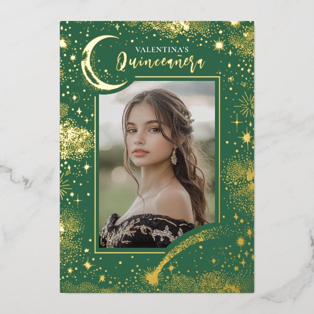Celestial Gold Stars Moon Night Quinceanera Photo (Front)