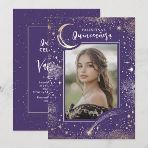 Celestial Gold Stars Moon Night Quinceanera Photo Invitation