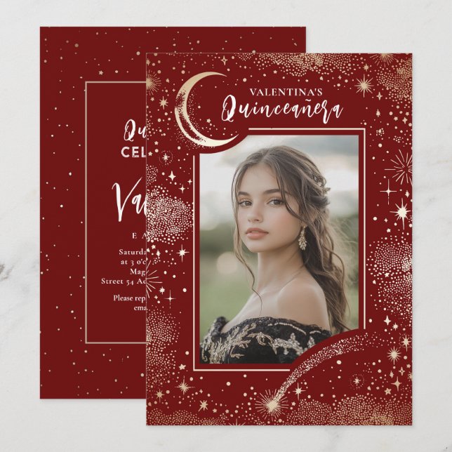 Celestial Gold Stars Moon Night Quinceanera Photo Invitation (Front/Back)