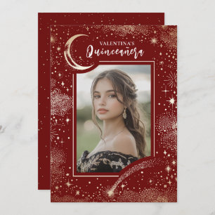 Celestial Gold Stars Moon Night Quinceanera Photo Invitation