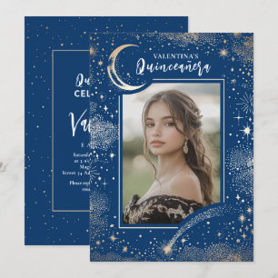 Celestial Gold Stars Moon Night Quinceanera Photo Invitation