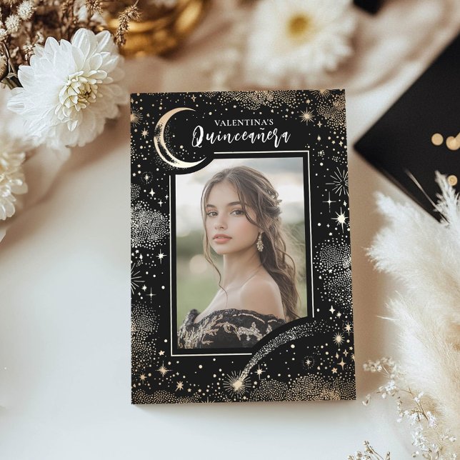 Celestial Gold Stars Moon Night Quinceanera Photo Invitation (Quinceanera 15th birthday photo invitations with gold moon and stars on the black background)