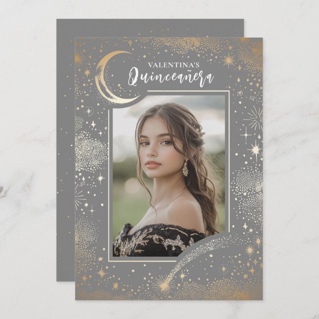 Celestial Gold Stars Moon Night Quinceanera Photo Invitation (Front/Back)