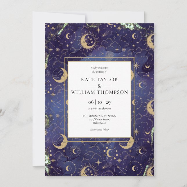 Celestial  Gold Stars Moon Stars QR Code Wedding Invitation (Front)