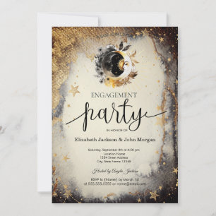 Celestial Gold Stars Moons Dark Engagement   Invitation