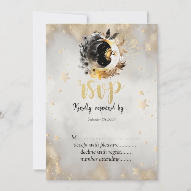 Celestial Gold Stars Moons Flowers RSVP   Invitation (Front)