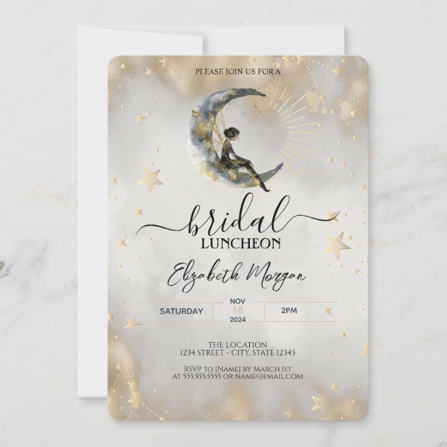 Celestial Gold Stars Moons Girl Bridal Luncheon Invitation (Front)