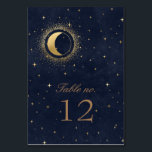 Celestial Gold Stars Wedding Table Number<br><div class="desc">Our "Celestial Gold Wedding" collection features a beautiful crescent moon with gold stars in various designs on a velvet midnight blue background paired with elegant fonts. Easy to customise and you can choose among many more matching items from this collection in our store.</div>