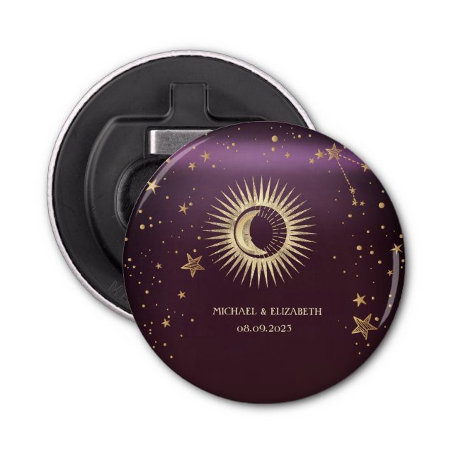 Celestial Gold Sun And Moon Stars Burgundy Bottle Opener (Front)