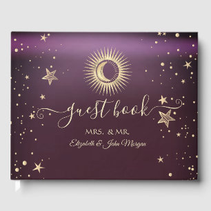 Celestial Gold Sun And Moon Stars Burgundy Guest Book