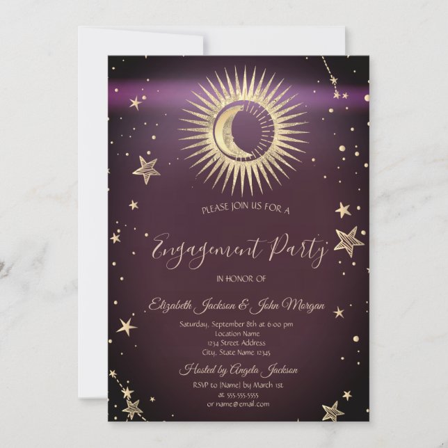Celestial Gold Sun And Moon Stars Burgundy Invitation (Front)