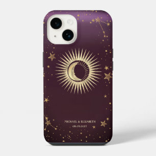 Celestial Gold Sun And Moon Stars Burgundy iPhone 14 Case