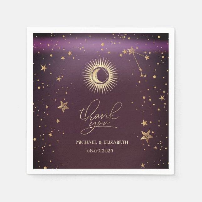 Celestial Gold Sun And Moon Stars Burgundy Napkin (Front)