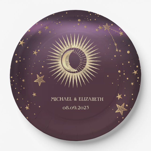 Celestial Gold Sun And Moon Stars Burgundy Paper Plate (Front)