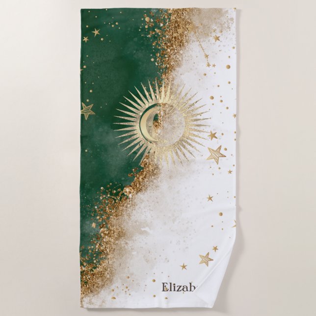 Celestial Gold Sun And Moon Stars Green Beach Towel (Front)