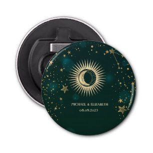 Celestial Gold Sun And Moon Stars Green Bottle Opener