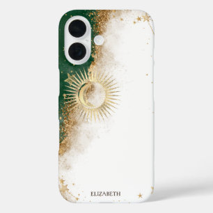 Celestial Gold Sun And Moon Stars Green iPhone 16 Case