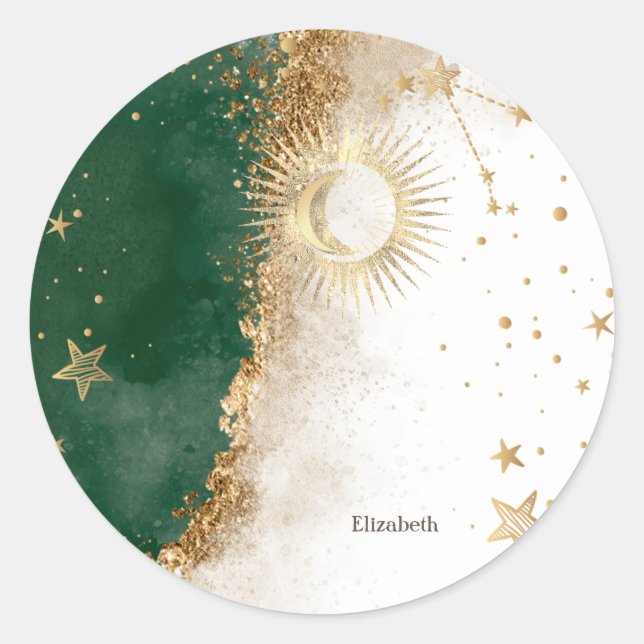 Celestial Gold Sun And Moon Stars Green Classic Round Sticker (Front)