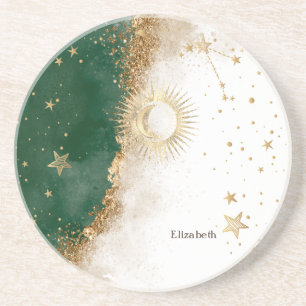 Celestial Gold Sun And Moon Stars Green Coaster