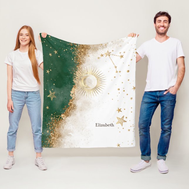Celestial Gold Sun And Moon Stars Green Fleece Blanket (In Situ)