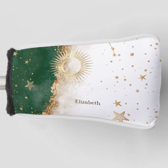 Celestial Gold Sun And Moon Stars Green Golf Head Cover (Front)