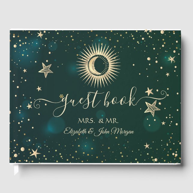 Celestial Gold Sun And Moon Stars Green Guest Book (Front)
