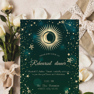 Celestial Gold Sun And Moon Stars Green Invitation