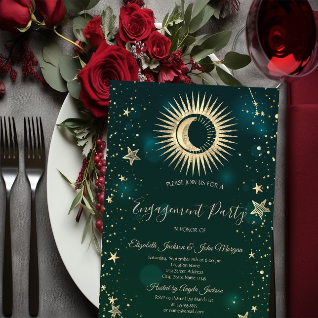 Celestial Gold Sun And Moon Stars Green Invitation (Creator Uploaded)