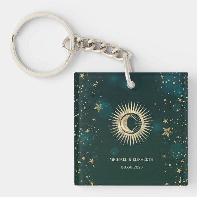 Celestial Gold Sun And Moon Stars Green Key Ring (Front)