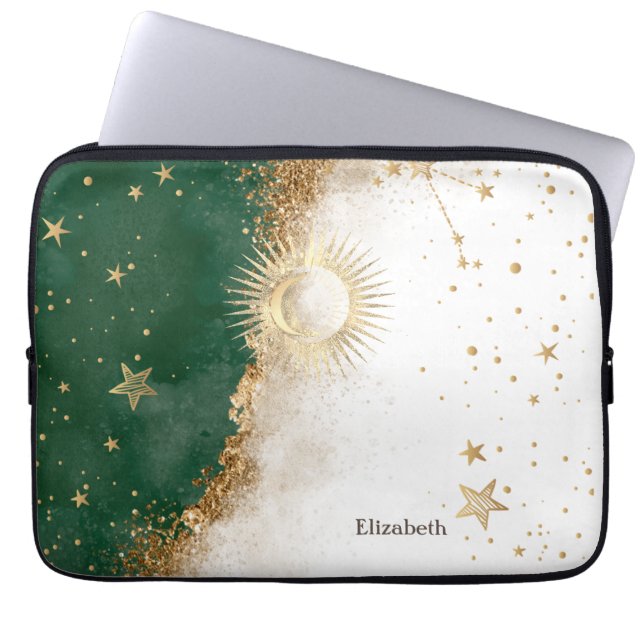 Celestial Gold Sun And Moon Stars Green Laptop Sleeve (Front)