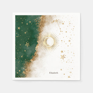 Celestial Gold Sun And Moon Stars Green Napkin