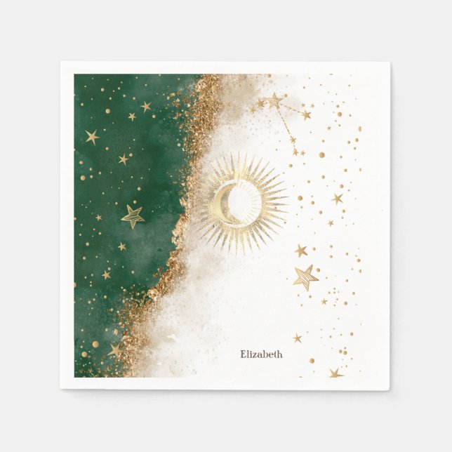 Celestial Gold Sun And Moon Stars Green Napkin (Front)