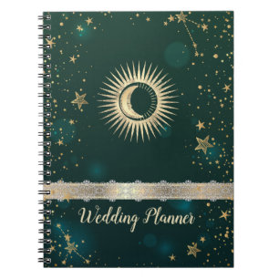 Celestial Gold Sun And Moon Stars Green Notebook