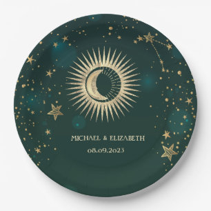 Celestial Gold Sun And Moon Stars Green Paper Plate