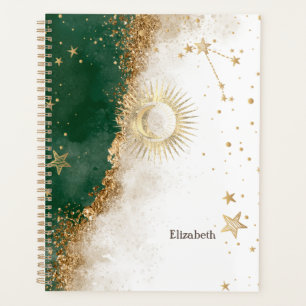 Celestial Gold Sun And Moon Stars Green Planner