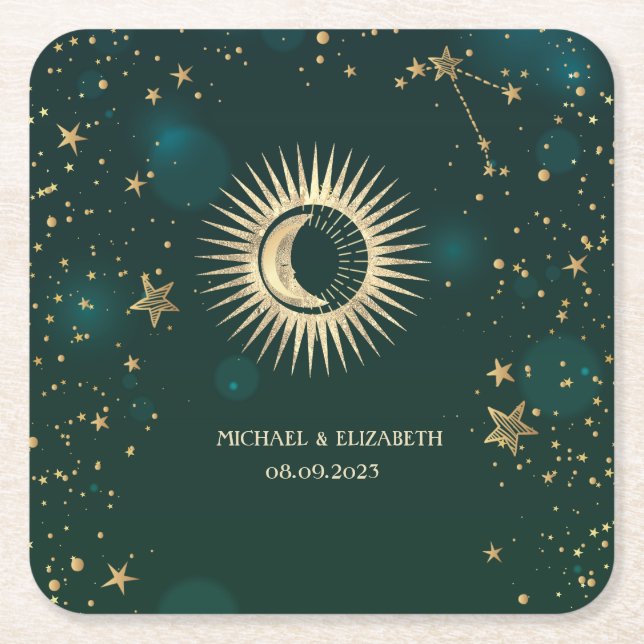 Celestial Gold Sun And Moon Stars Green Square Paper Coaster (Front)