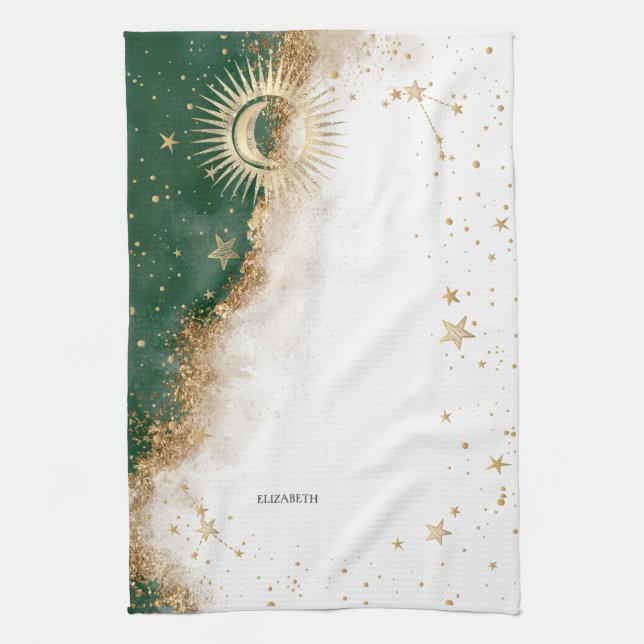 Celestial Gold Sun And Moon Stars Green Tea Towel (Vertical)
