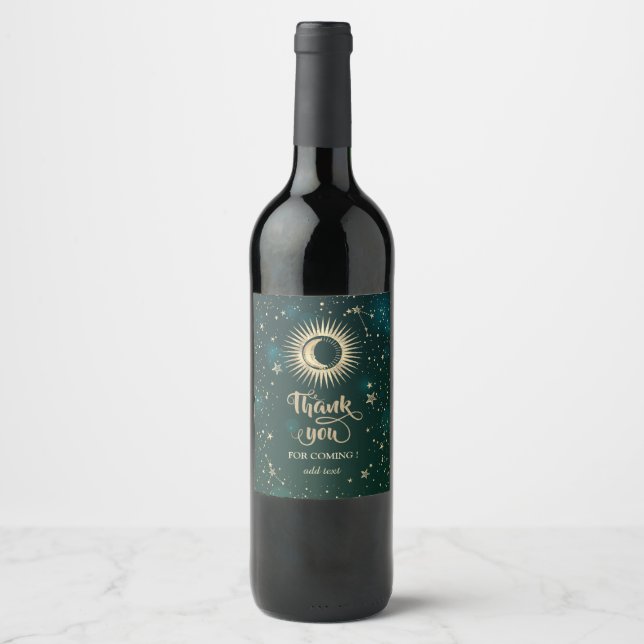 Celestial Gold Sun And Moon Stars Green Wine Label (Front)