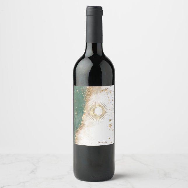 Celestial Gold Sun And Moon Stars Green Wine Label (Front)