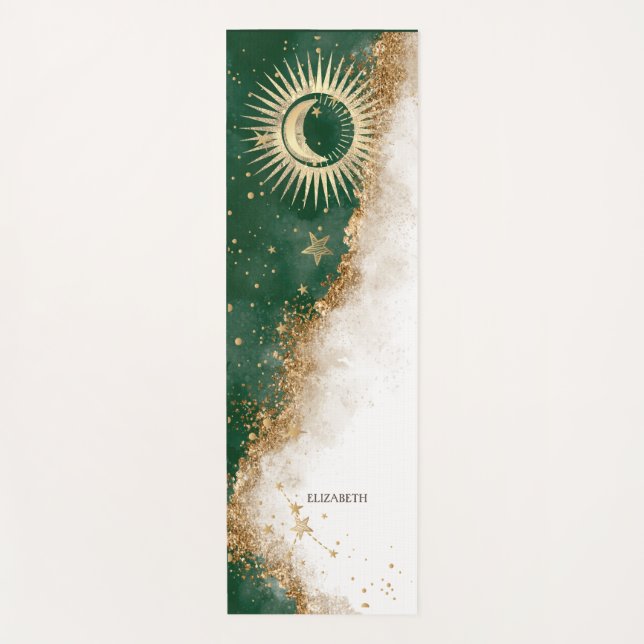 Celestial Gold Sun And Moon Stars Green Yoga Mat (Front)