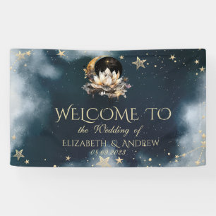 Celestial Gold Sun And Moon Stars Lotus Night Sky Banner
