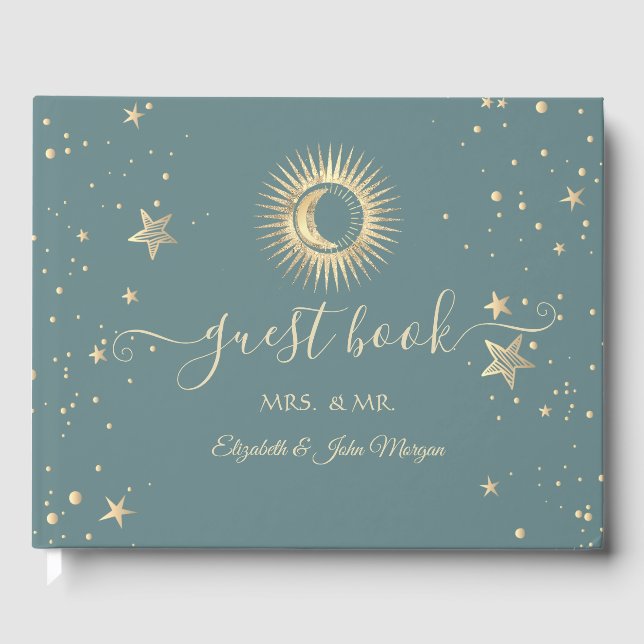 Celestial Gold Sun And Moon Stars Mint Green Guest Book (Front)
