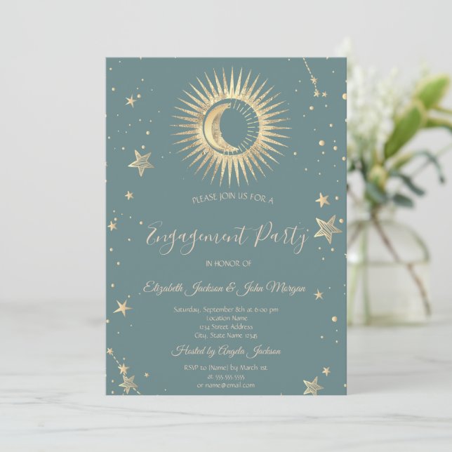 Celestial Gold Sun And Moon Stars Mint Green Invitation (Standing Front)