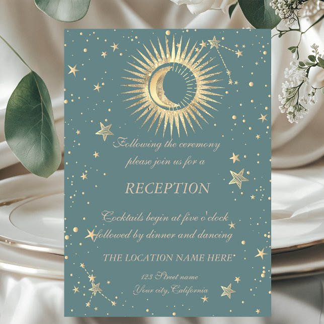 Celestial Gold Sun And Moon Stars Mint Green Invitation (Creator Uploaded)