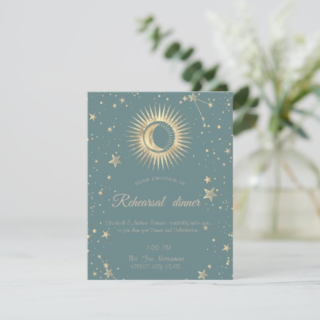 Celestial Gold Sun And Moon Stars Mint Green Invitation (Standing Front)