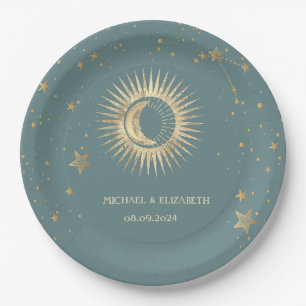 Celestial Gold Sun And Moon Stars Mint Green Paper Plate